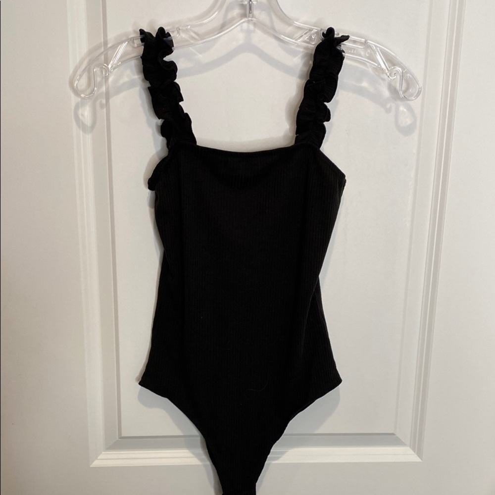 Black Bodysuit with Ruffled Straps and Square Neckline